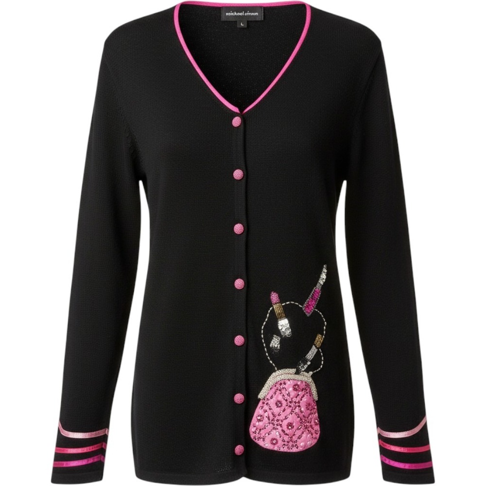 Michael Simon Black Pink Makeup Lipstick Sequin Cardigan Sweater Large